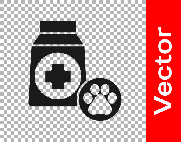 狗狗食物的黑色袋子图标隔离在透明的背景。狗或猫的爪印。动物的食物。宠物食品包装。向量图片下载