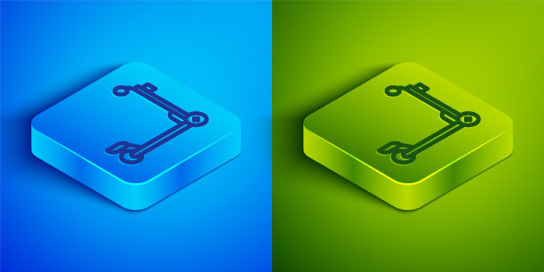 等距线滑板车图标孤立在蓝色和绿色的背景。方形按钮。向量图片下载