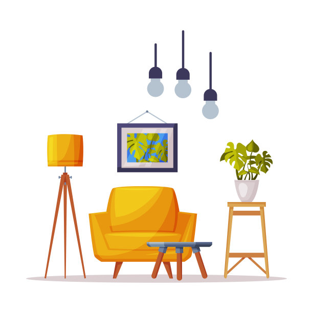 现代舒适的房间室内设计，舒适的扶手椅，咖啡桌，木制支架，白色背景上的室内植物矢量插图图片下载