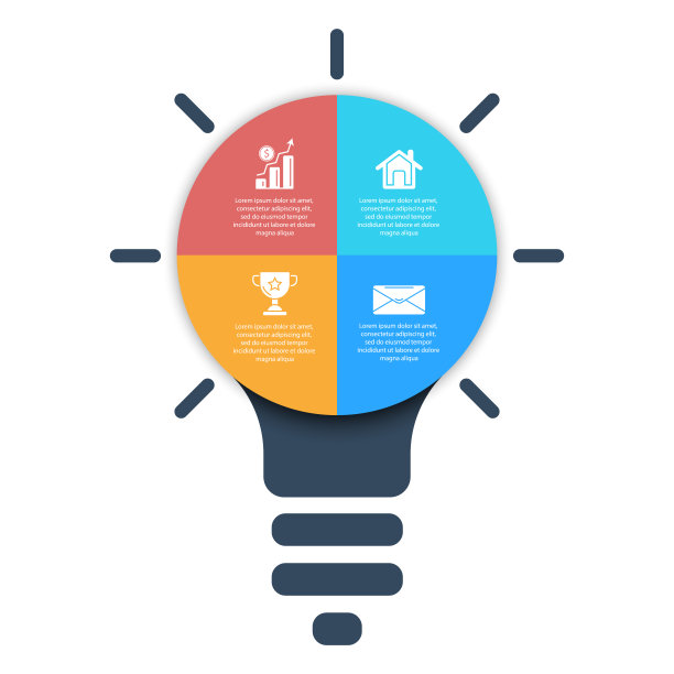 灯泡信息图表。现代的五颜六色的灯。商业理念有4个选项，步骤或元素。图片下载