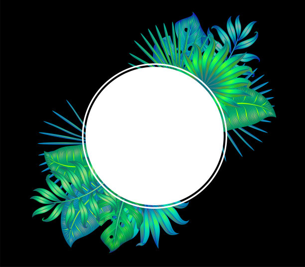 有不同热带叶子的圆形，孤立在黑色上。图片下载