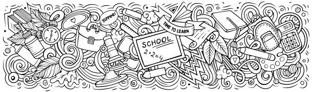 卡通可爱涂鸦学校横幅设计。彩色插图图片下载