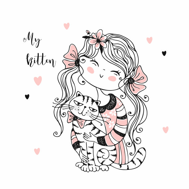 有猫的可爱女孩。小猫我的爱。向量。图片下载