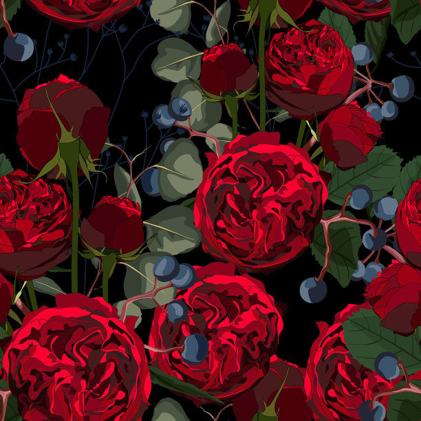 无缝图案与红玫瑰的叶子图片下载