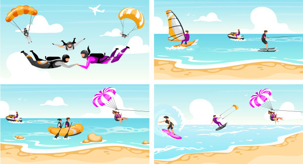 极限运动平面设置夫妇跳伞冲浪图片下载