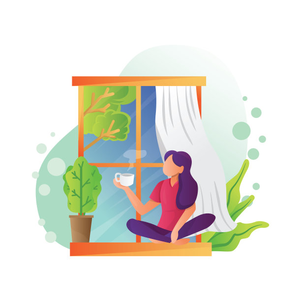 插图的女孩喝咖啡在一个窗口，呆在家里插图平面风格设计孤立的白色背景图片下载
