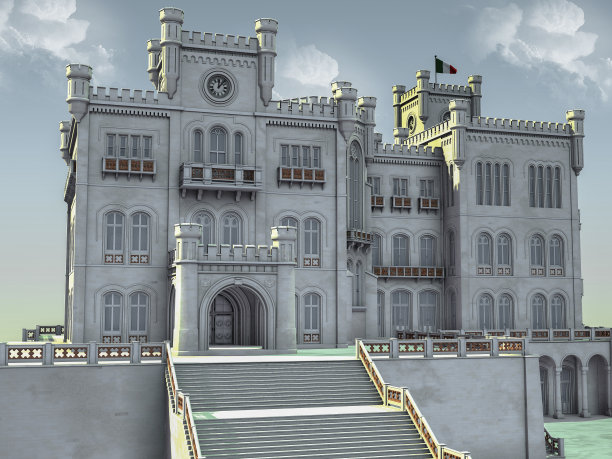 一座挂着意大利国旗的古堡。图片下载