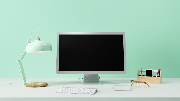 空白的黑色电脑显示器模型屏幕在工作桌上的粉彩绿色墙壁前，3D背景概念插图图片下载