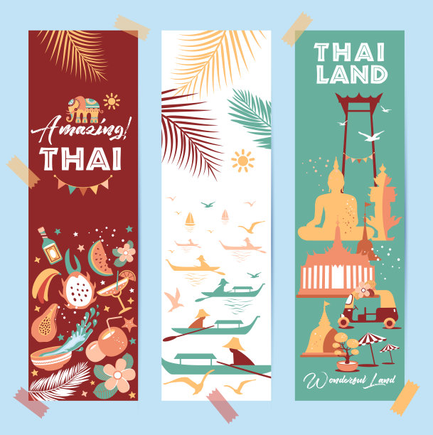 收集泰国标志的横幅。向量的海报。明信片的趋势颜色。旅行插图。旅游网站横幅在不同的构成。图片下载