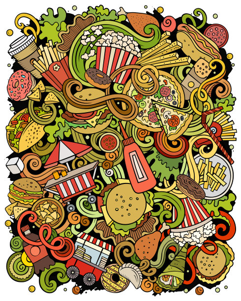 手绘快餐矢量涂鸦插画：快餐海报设计图片下载