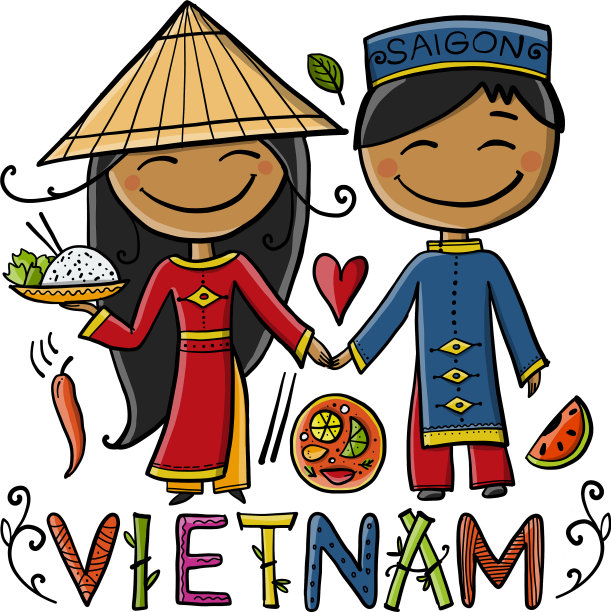 卡通越南夫妇穿着传统服饰图片下载