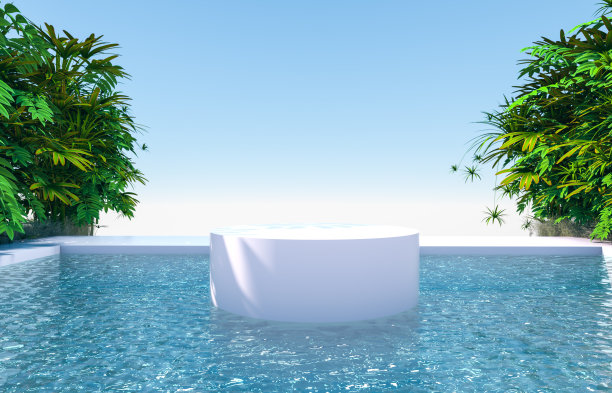 抽象的3d场景与圆柱体裙台背景在花园和水景。图片下载