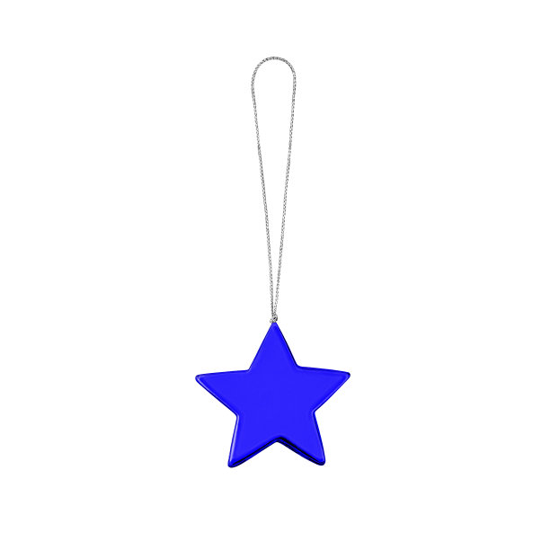 Blue star hanging on thread on white background isolated close up, Сhristmas tree decoration, colorful shiny star shaped bauble, traditional new year holiday decor design element, decorative xmas toy图片下载