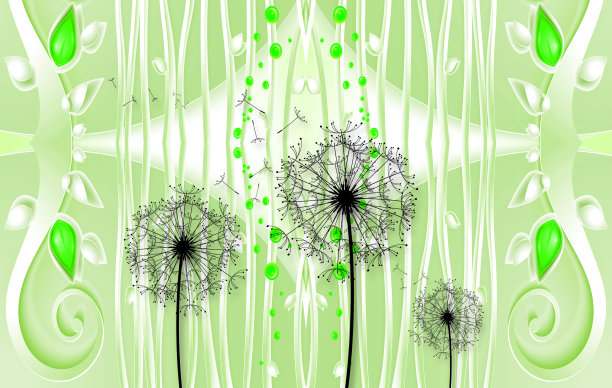 3d现代抽象壁画墙纸和蒲公英剪影。白色背景与叶和花图片下载