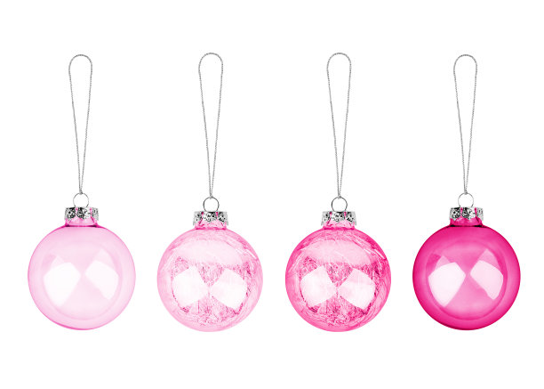 粉色Сhristmas圣诞树装饰设置白色背景孤立近，红色透明玻璃球挂线收集，闪亮的小玩意，传统新年节日设计元素，圣诞玩具图片下载