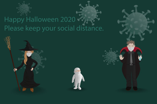 万圣节前夕，家长和孩子们会装扮成鬼魂，戴上面具，用酒精喷雾进行消毒。图片下载