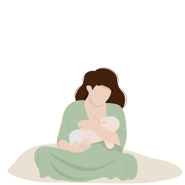 母亲在喂婴儿。母乳喂养插图，概念矢量插图卡通风格。穿绿衣服的黑发女人和小孩。孤立在白色背景上。图片下载