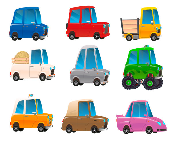一套彩色卡通汽车。旅游交通字符。孩子们用汽车运送收藏品。矢量图图片下载