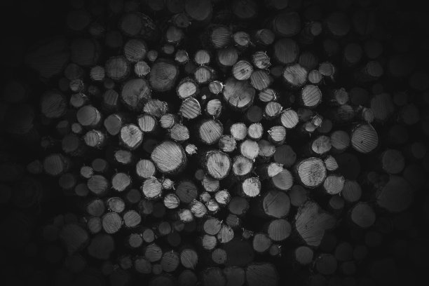 抽象黑白照片，堆放在木材工厂的原木图片下载