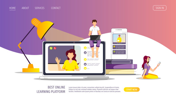 有设备、书、台灯的人。学习，在线培训，远程教育，电子学习，教程和课程的概念。图片下载