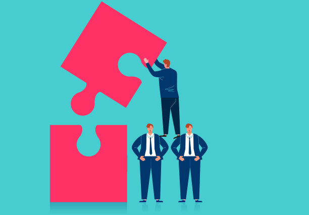 在商业合作的概念下，三个商人组成了一个人形金字塔合并的拼图图片下载