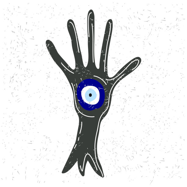 邪恶的眼睛手的护身符在白色的背景。手掌形状的流行护身符插图，保护的标志。邪恶的眼睛图标，护身符在手绘风格。邪恶之眼，哈姆萨，法蒂玛之手。眼睛的提供图片下载