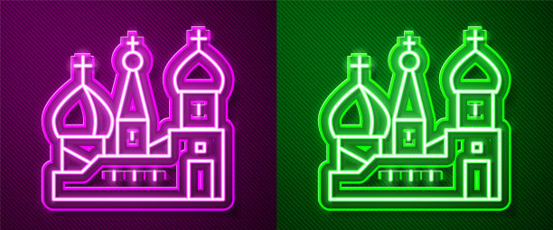 发光的霓虹线莫斯科象征-圣巴西尔大教堂，俄罗斯图标孤立在紫色和绿色的背景。向量图片下载