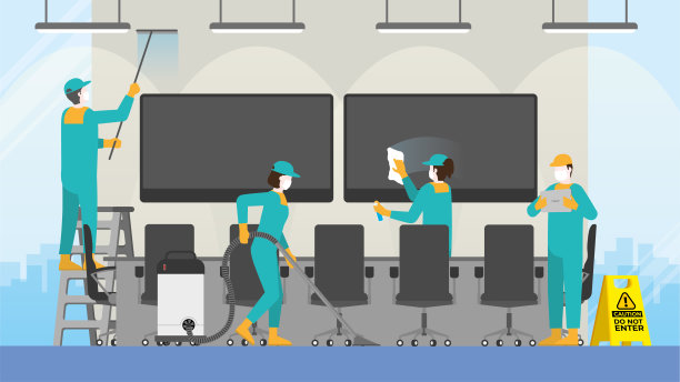 日常工作理念。办公室会议室的清洁团队。清洁和检查检查专业服务，保护工作场所的肮脏和病毒。下班后重新开放营业时间上班。图片下载