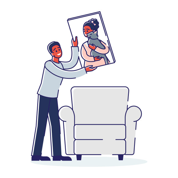 男人把女人的画像挂在客厅墙上的镜框里。油画美女图片下载