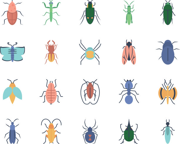 祈祷螳螂和昆虫图标设置扁平风格图片下载