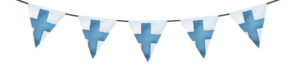 水彩画花环与芬兰三角旗和蓝色斯堪的那维亚十字。手绘水彩画，剪纸剪辑艺术元素的设计，贺卡，海报，邀请。图片下载