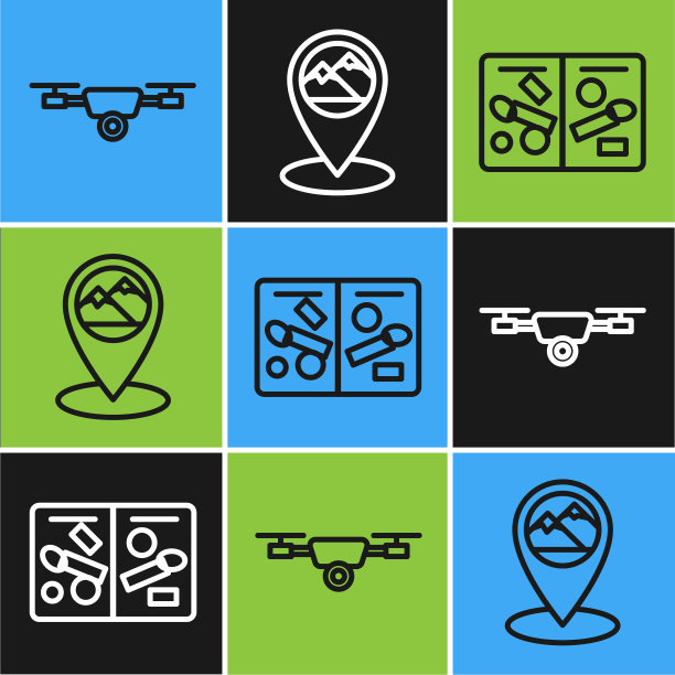 设置线无人机飞行与行动摄像机，护照页签证印章和地图指针与山图标。向量图片下载