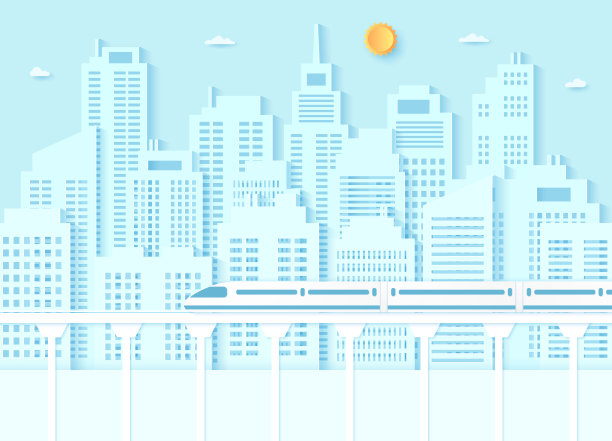 电动高铁，交通，城市景观，蓝天和阳光的建筑，纸艺术风格图片下载