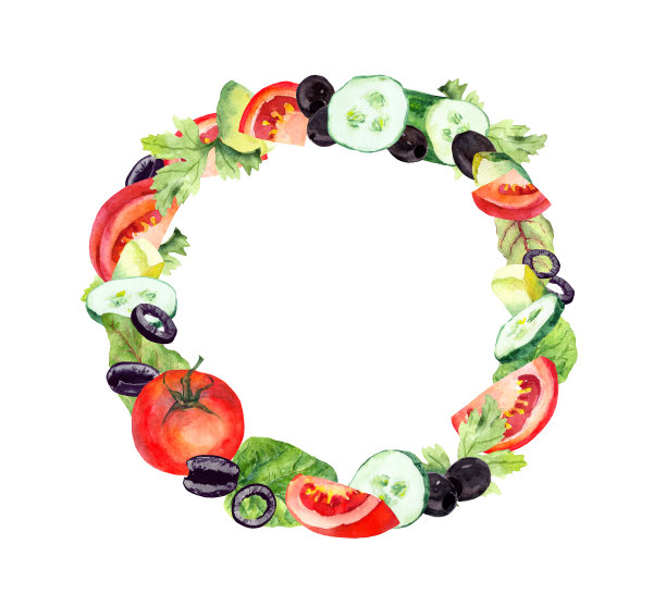 白色背景上点缀着沙拉、新鲜叶子、黄瓜、西红柿和橄榄。水彩圆边界图片下载