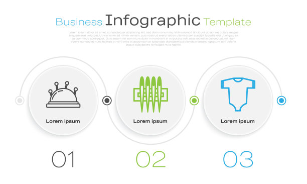 设置线针床和针，缝纫针和婴儿衣服。业务信息图模板。向量图片下载
