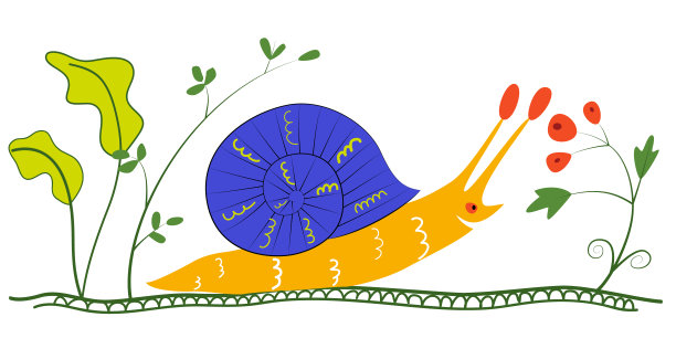 色彩斑斓的画上有有趣的蜗牛。背上有房子的蜗牛在地上爬行。矢量平面插图儿童。蓝色的贝壳和黄色的蛞蝓。草里的蜗牛想吃浆果。图片下载