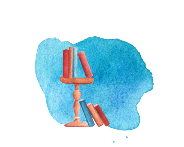 书堆在木桌上，水彩画在白色的背景上。桌子上有许多书。优雅的客厅室内细节。书表上的水彩印迹背景。Bookmate卡模板图片下载