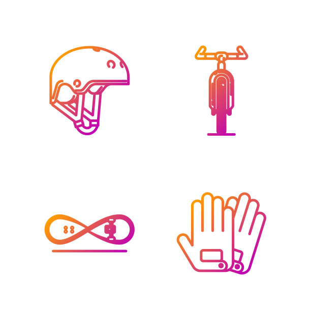 设置线手套，滑板把戏，头盔和自行车。渐变颜色图标。向量图片下载
