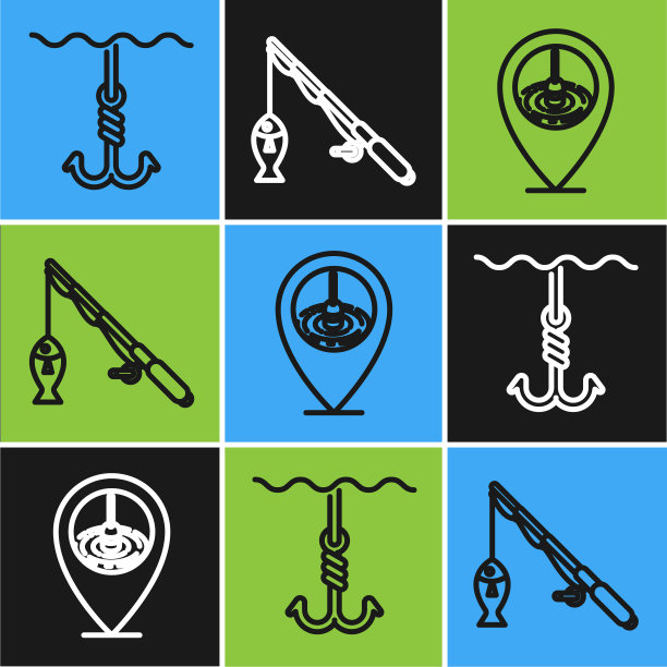 在水下设置鱼钩，定位钓鱼和钓竿和鱼的图标。向量图片下载