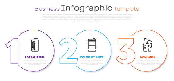 啤酒罐、金属啤酒桶、啤酒瓶、啤酒杯。业务信息模板。向量图片下载