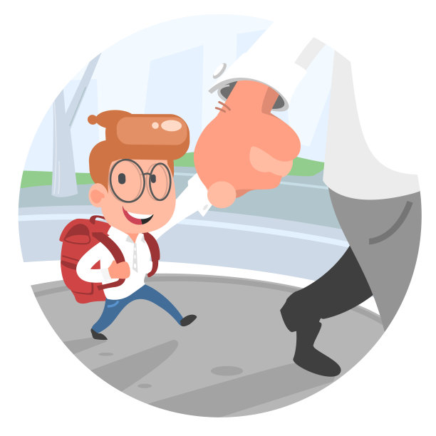 父亲和快乐的儿子去上小学。父母送孩子上小学。回到学校。图片下载