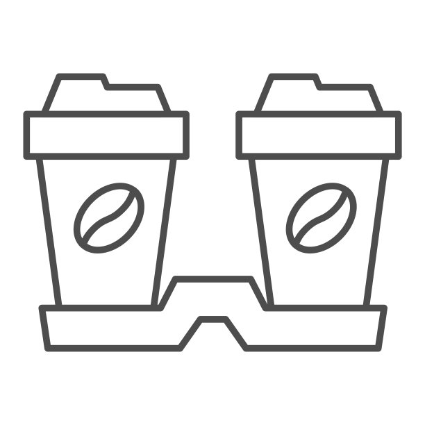两杯咖啡细线图标，咖啡时间概念，两个一次性纸杯与豆标志在白色的背景，咖啡饮料图标在轮廓风格的移动和网络。矢量图形。图片下载