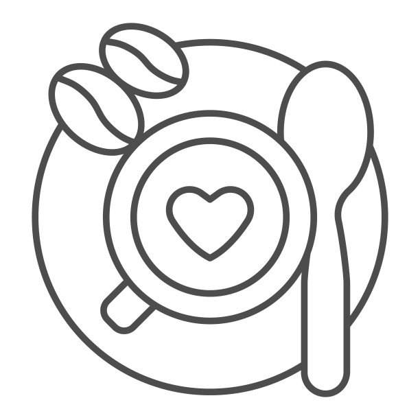 咖啡杯与豆和勺子细线图标，咖啡时间概念，马克杯与拿铁标志在白色背景，顶部视图的咖啡杯与装饰和豆的图标在轮廓。矢量图形。图片下载