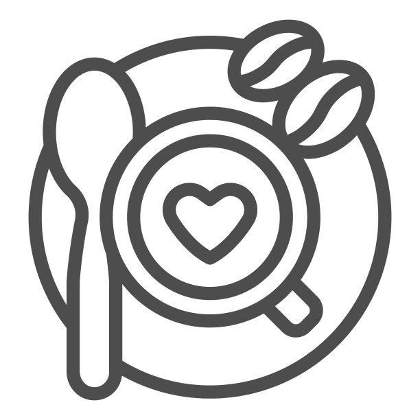 咖啡杯与豆和勺子线图标，咖啡时间概念，杯与拿铁标志在白色背景，顶部视图的咖啡杯与装饰和豆图标的轮廓。矢量图形。图片下载