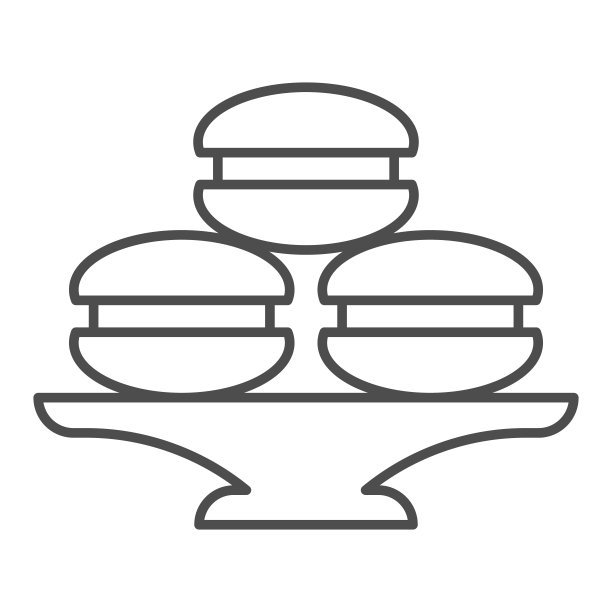 碟与松饼或饼干细线图标，面包房概念，蛋糕架与甜点标志在白色背景，碟与蛋白杏仁饼图标轮廓风格的移动和网络。矢量图形。图片下载