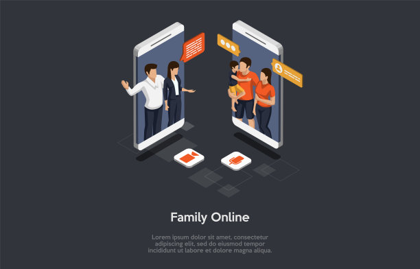 家庭视频会议的概念。幸福家庭通过智能手机视频通话。人物交流和有一个美好的时间在网上一起。等距3D矢量插图图片下载