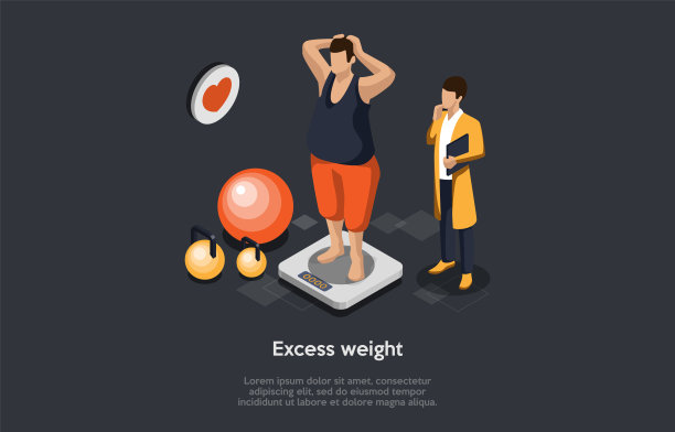 饮食、保健与减肥的概念。超重的人站在秤上。营养师正在为减肥准备营养和运动计划。等距3D矢量插图图片下载