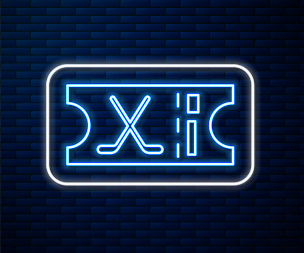 霓虹灯线曲棍球运动票图标孤立在砖墙背景。矢量图图片下载