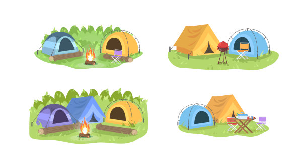 露营地在森林半平面矢量插图设置图片下载