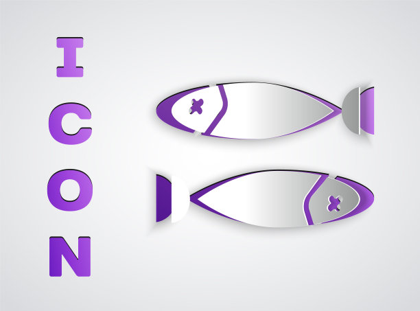 剪纸干鱼图标孤立在灰色背景。纸艺术风格。矢量图图片下载